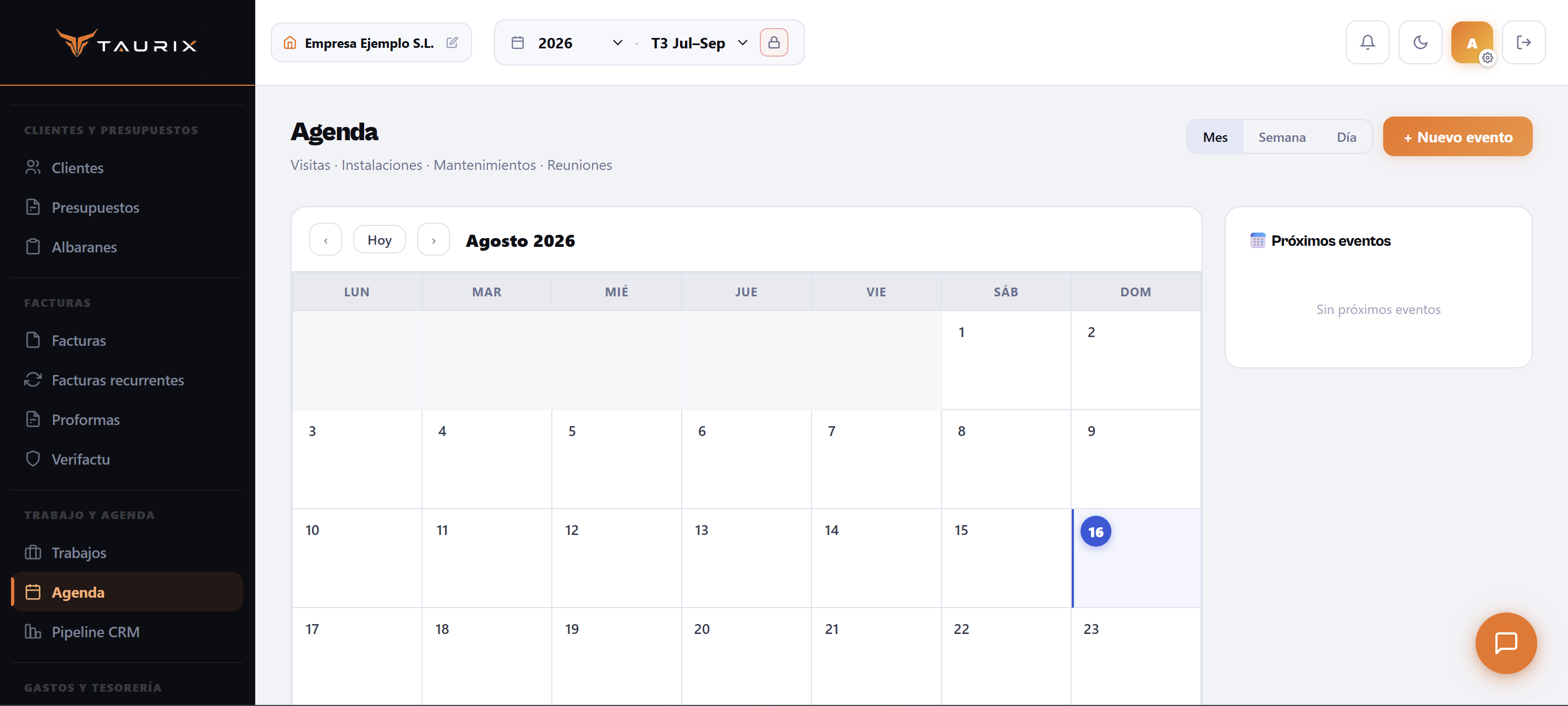 Vista de la sección de Agenda en Taurix